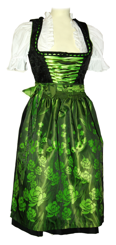 Dirndl Kunigunde Schwarz Grün bedruckte Blumenschürze