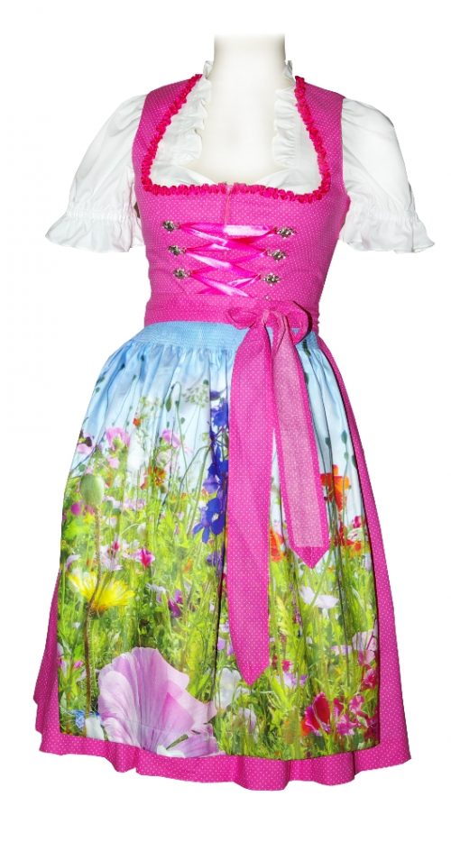 Dirndl Stamera Pink mit Blumendruck-Schürze